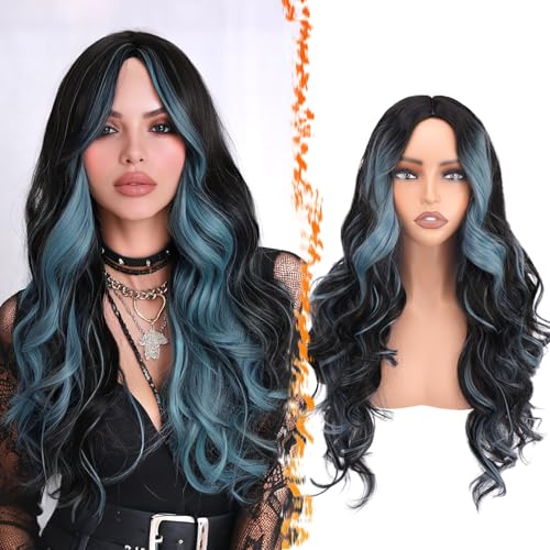 BARSDAR Black Teal Blue Highlight Long Wavy Wig with Curtain Bangs 28 Inch Teal Blue Black Ombre Highlight Calico Wig for Women Natural Looking Thick Soft Synthetic Party Halloween Gothic Costume
