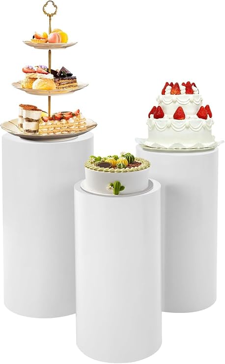 3 PCs Cylinder Pedestal Stands, White Cylinder Pedestal Display for Wedding Baby Shower Birthday Event Decor, Round Pedestals Stand,23.62''(L),21.65''(M),19.68''(S)
