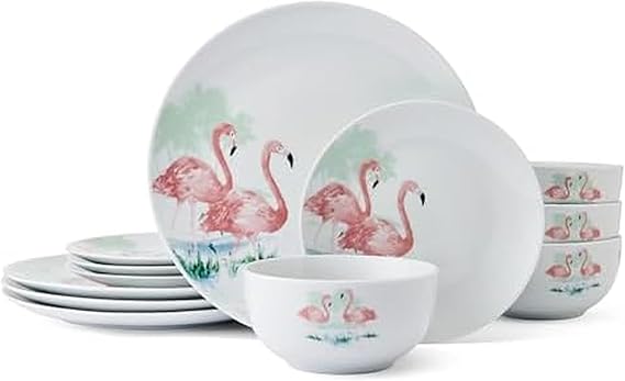 Studio Nova Flamingo Haven Tropical 12 Piece Dinnerware Plate Bowl Set, Service for 4