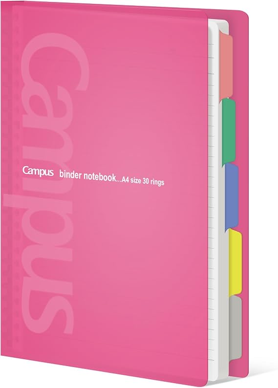 KOKUYO 5 Subject Spiral Notebook, Campus A4 Refillable Journal with 5 Tab Dividers, Up to 65 Sheet Capacity, 50 Sheets in 7mm Dotted Ruled Loose Leaf Paper, Pink