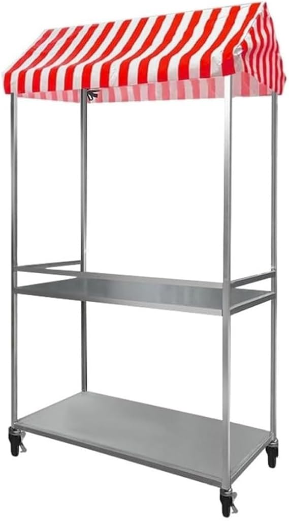 YVYKFZD Rolling Vending Cart with Striped Canopy, 2-Tier Iron Frame Street Food Cart, Folding Market Stall Frame with Lockable Wheels, Portable Vendor Carts for Events(Red,120x60cm/47.2"x23.6")