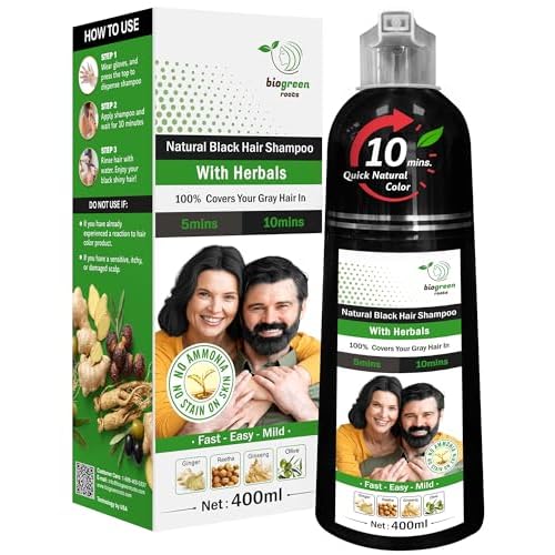 BIOGREEN ROOTS Ammonia-Free & Paraben Free Herbal Hair Shampoo - Hair Dye Shampoo for Women & Men - Natural Color & Herbal Nourishment - No Stain on Skin - Natural Black 400 ml