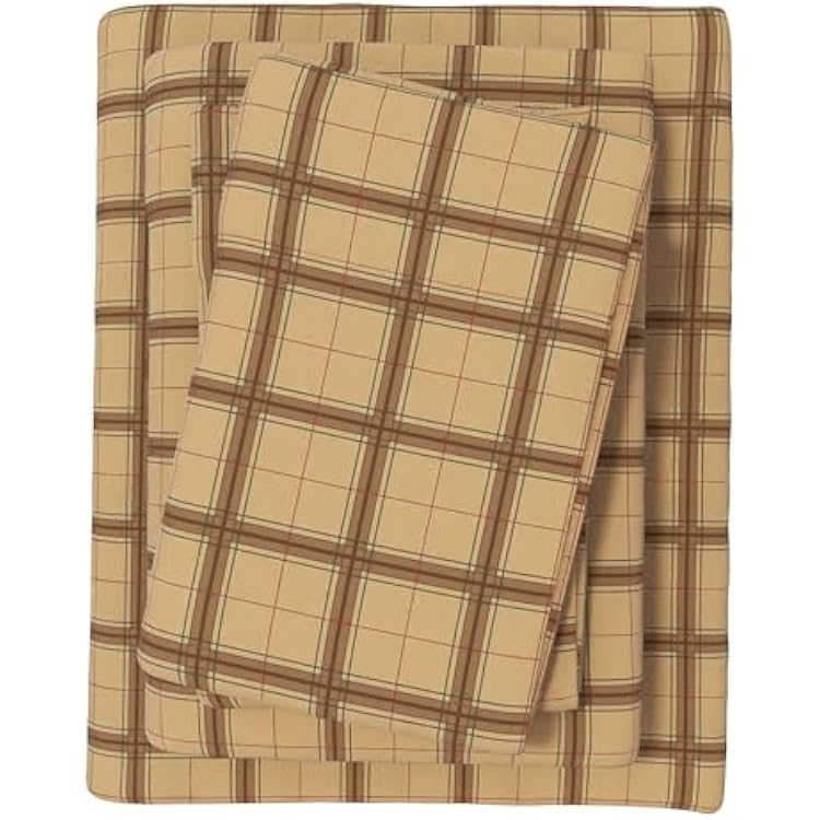 Great Bay Home Flannel Sheets Twin Size - 100% Turkish Cotton, Double-Brushed, Plaid and Stripe Bed Sheet Set - Ultra-Soft, Cozy, 3-Piece Bedding Set Block Plaid - TaupeGreenRed