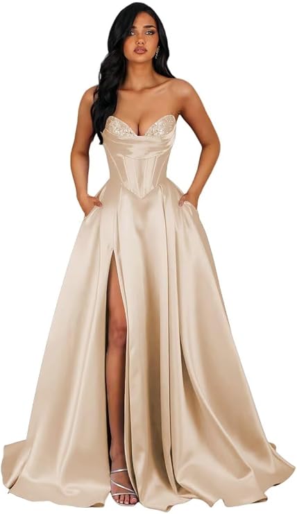 Strapless Sequin Prom Dresses Long with Slit Corset Satin Formal Party Dress AS015