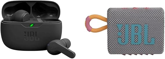 JBL Vibe Beam True Wireless Headphones - Black, Small & Go 3: Portable Speaker with Bluetooth, Builtin Battery, Waterproof and Dustproof Feature Gray
