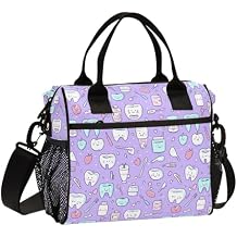 KLL Lunch Box for Men Adjustable Lunch Box for High School Picnic with Shoulder Strap S Cute Teeth and Objects Dental Care on Purple