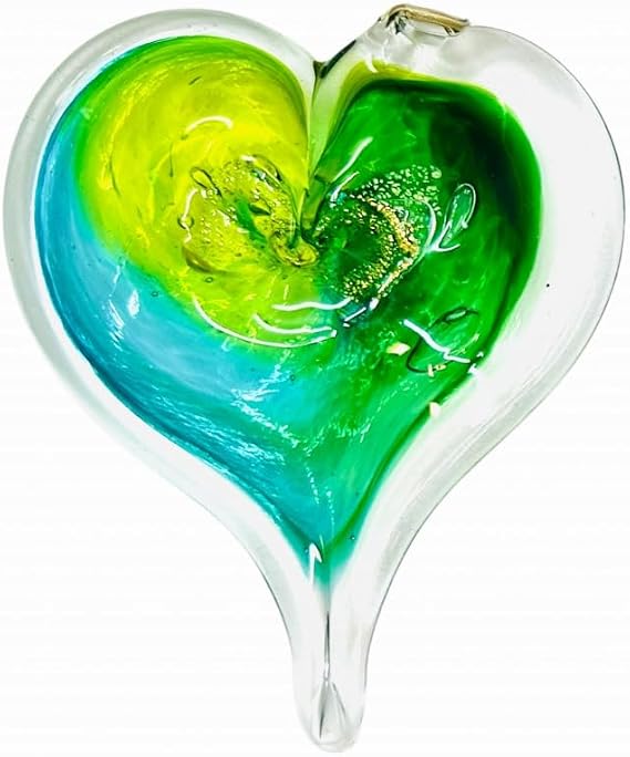 Luke Adams Handmade Glass Hanging Hearts Glass Heart Ornament for Window or Gift Hand Blown Hearts Decor Colorful Blown-Swiss Alps (Green Teal Lime)