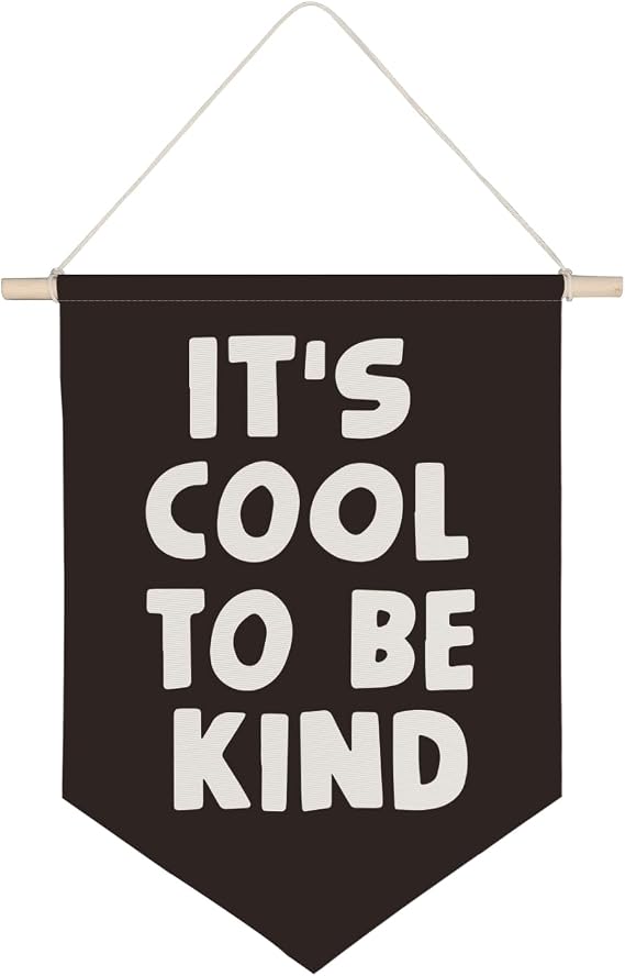 QODUNG Children's Playroom Wall Decor,It's Cool to be Kind Canvas Banner,Modern Toddler Kids Room Decor,Canvas Hanging Pennant Wall Flag for Nursery Boys Bedroom Playroom Kids Room