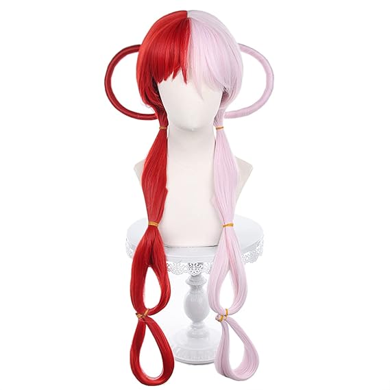 XiongXiongLe Half Pink Red Two Long Braids Hair Wigs for Adult Cos Party