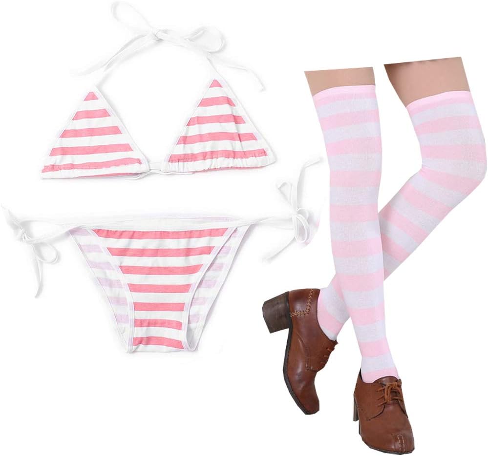 3 PCS Sexy Japanese Cute Anime Lingerie Set for Women with Striped Thigh High Socks Bikini