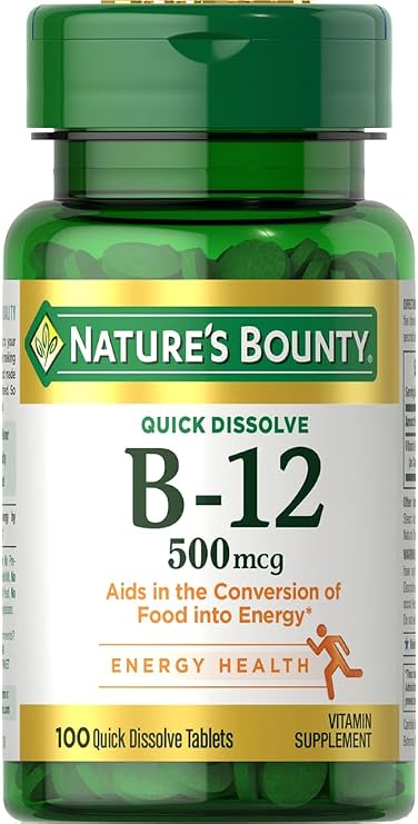Nature's Bounty Vitamin B12, Supports Energy Metabolism and Nervous System Health, 500mcg, 100 Quick Dissolve Tablets | Supports Energy Metabolism and Nervous System Health