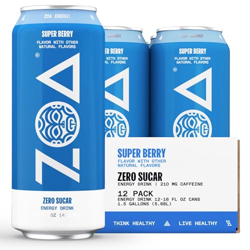ZOA Zero Sugar Energy Drinks, Super Berry - Sugar Free with Electrolytes, Healthy Vitamin C, Amino Acids, Essential B-Vitamins, and Caffeine from Green Tea - 16 Fl Oz 12-Pack