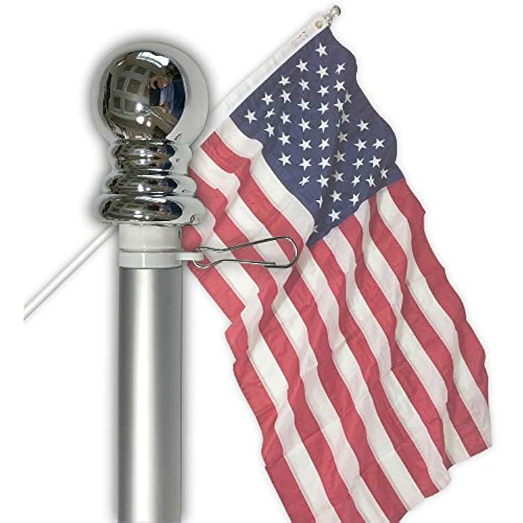 Flag Pole - 6 Foot Silver Brushed Aluminum No Tangle Spinning Flagpole with Silver Globe Built Tough and Beautiful to Fly Grommeted or Sleeve Flags Proudly in Residential House or Commercial Settings