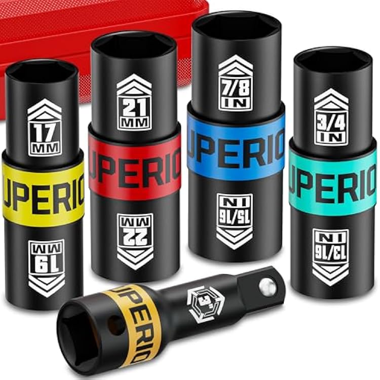 12 Drive Lug Nut Impact Socket Set, 5 Pcs Impact Sockets, Flip Socket Set, Thin Wall Nut Sockets with 3 Extension Bar, Remove Bloated Warped, Damaged Lug Nuts