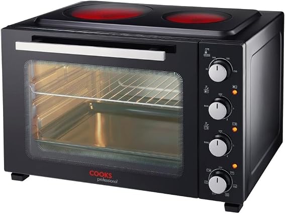 Cooks Professional Portable Mini Oven with Ceramic Hobs Electric Table Stove with Two Hobs Baking Rack & Baking Tray Kitchen Grill Oven 48L Capacity Black & Silver