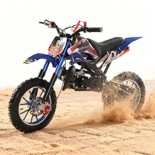 50cc Kids Dirt Bike, Gas Dirt Bike Max Load 330Lbs, 2-Stroke Gas Power Motocross, Mini Bike Gas Powered, Off Road Mini Motorcycle Max Speed 25MPH for More Summer Fun 1-Blue
