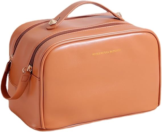 Toiletry Travel Bag For Women,Portable Waterproof Makeup Cosmetic Bag,PU Leather Large Travel Organizer Packing Cubes Toiletries Accessories Cosmetics Travel Essentials (Brown)