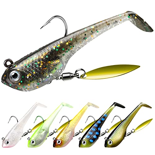 TRUSCEND Shadtale Easy Catch Soft Fishing Lures with BKK Hooks - Trembly Sinking and Vibrating Swim for More Bites, Pre-Rigged Swimbaits for Bass, Trout, Crappie, Walleye, Freshwater Saltwater Fishing
