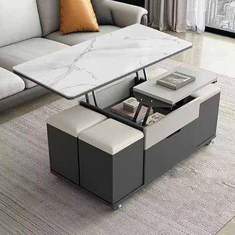 Convertible Lift Top Coffee Table with 4 Seats, 3-in-1 Multi-Function Design, Double Side Storage Cabinets for Living Room