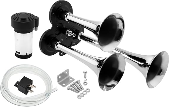 Vixen Horns 3-Trumpet Air Horn Kit with Air Compressor VXH2411C 12V Compact Electric Train Horn Kit, Super Loud dB, Chrome Plate, for Vehicles Like Truck, Car, Motorcycle, Semi, Pickup
