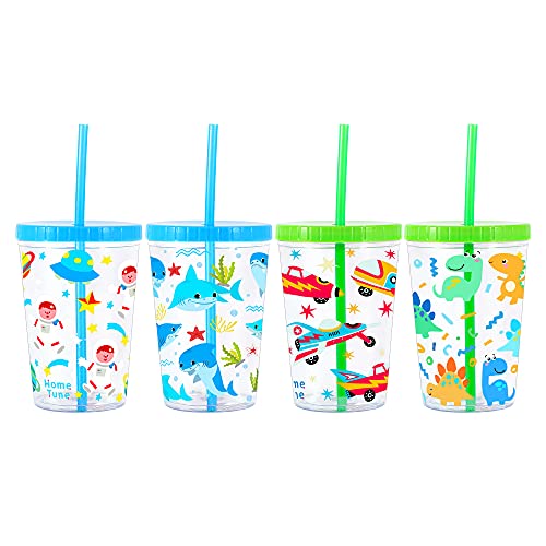 Home Tune 16oz Kids Tumbler Water Drinking Cup 4 Pack - BPA Free, Straw Lid Cup, Reusable, Lightweight, Spill-Proof Water Bottle with Cute Design for Girls & Boys