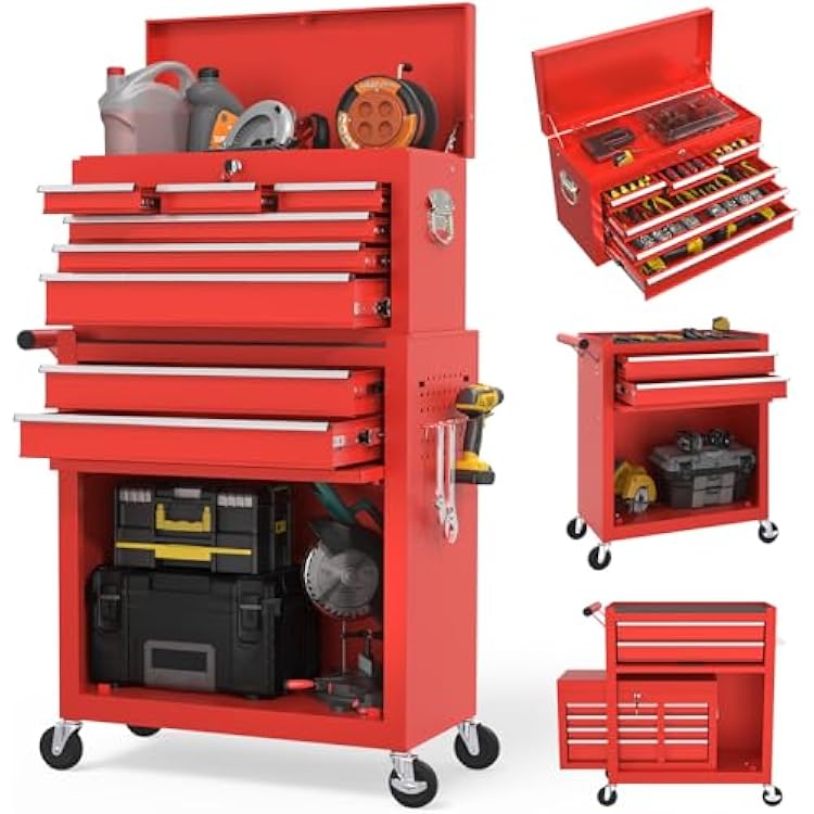 Tool Chest, 8-Drawer Rolling Tool Storage Cabinet with 2 in 1 Detachable Top Tool Box, Liner, Lockable Wheels, Side Hooks, Locking Mechanism, Metal Tool Cart for Garage, Red