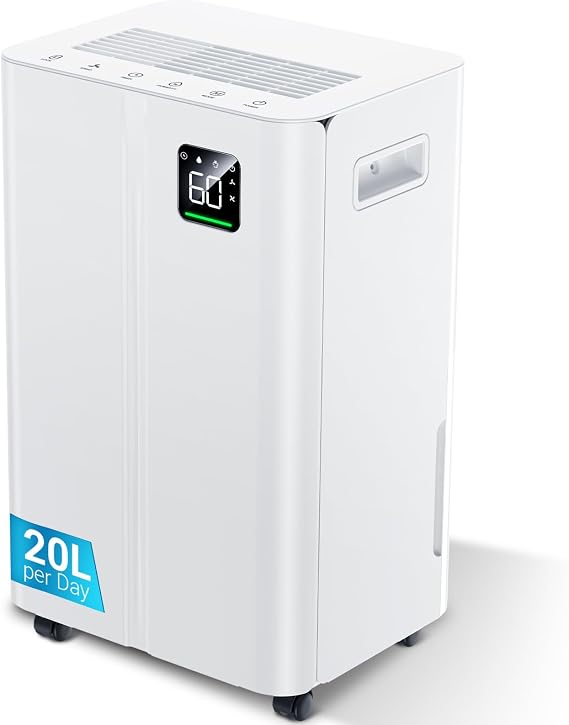 20L/day Dehumidifier with Digital Humidity Sensor & Display - 24-Hour Timer, 3 Dehumidification Modes, Continuous Drain, Ideal for Bedrooms, Office, Basements, White-Upgraded