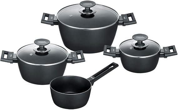 Berndes 11301 Alu Kochtopfset 4-teilig 7-Piece Pot Set Including Glass Lid, Coating & Suitable for Use on All Hobs, Induction, Cast Aluminium Saucepans with Non-Stick Coating, Black