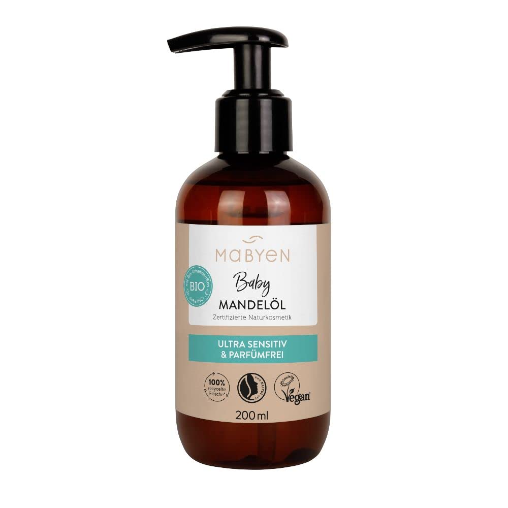 MABYEN Organic Almond Oil 200 ml Vegan Fragrance-Free Natural Cosmetics - Ideal for Baby Care and as Massage Oil - in Practical Pump Bottle - Strengths Binding
