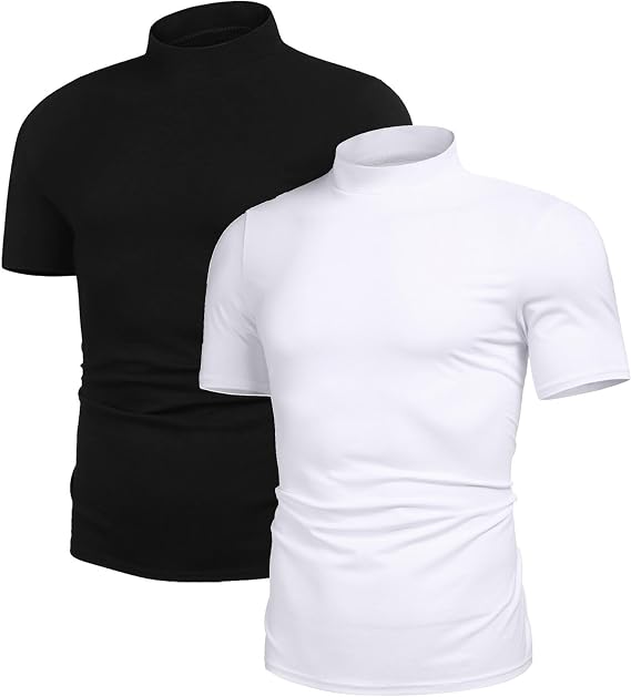 Poriff Men's Casual Mock Turtleneck Pullover Tops Short Sleeve Slim Fit T-Shirts Basic Solid Color Tees