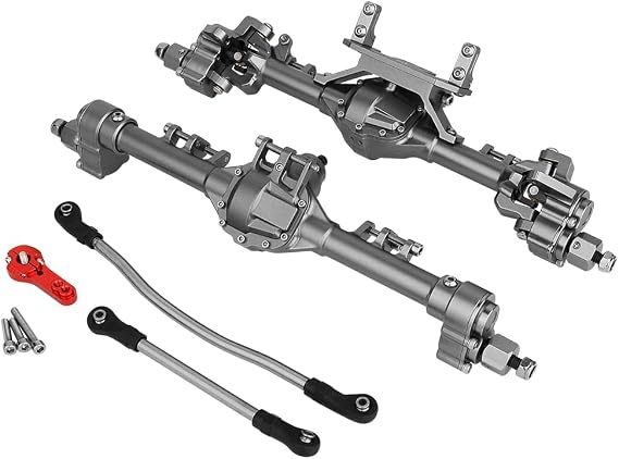 Metal Front Rear Portal Axle Rock Crawler Integrated Axle with Servo Steering Rod for 1/10 RC SCX10 II 90046 90047 RGT 86100 CC01 LCG Chassis Kit Upgrade (Gray)