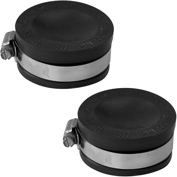 Fernco QC-102 2 Pack 2-in. Qwik Cap Flexible PVC Pipe Cap with Stainless Steel Clamps, Black