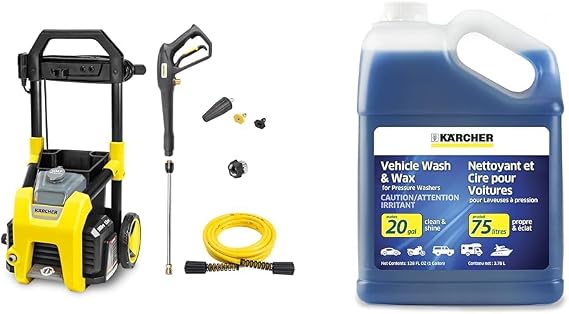 Karcher 1800 PSI Electric Pressure Washer Bundle with 3 Nozzles and 1 Gallon Vehicle Detergent and Wax