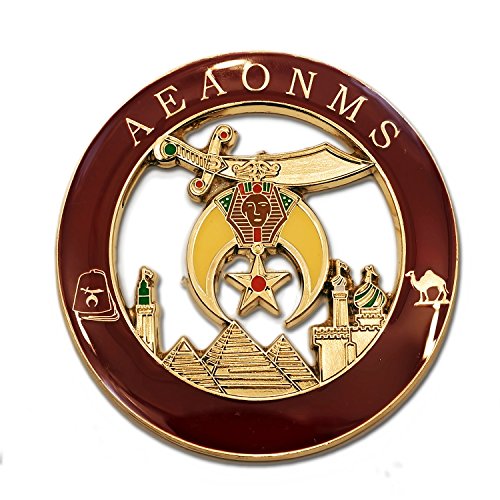 Shriner AEAONMS Round Masonic Auto Emblem - [Raspberry & Gold][3 Diameter]