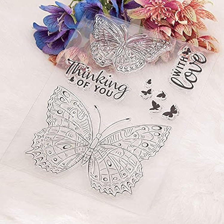 Butterfly Clear Stamps for Card Making and Photo Album Decorations, Thinking of You Words Transparent Silicone Rubber Stamps Seal for DIY Scrapbooking