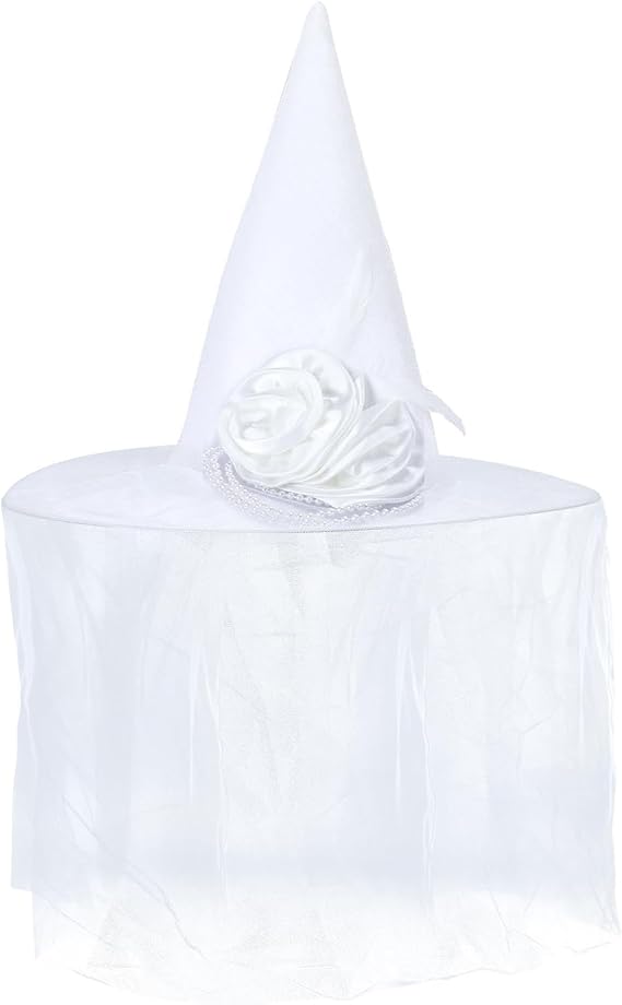 White Witch Bride Hat, Witches Hats for Decoration, Halloween Witch Hat Veils Wizard Hat Women Men Wide Brim Pointed Hat Carnival Cosplay Costume