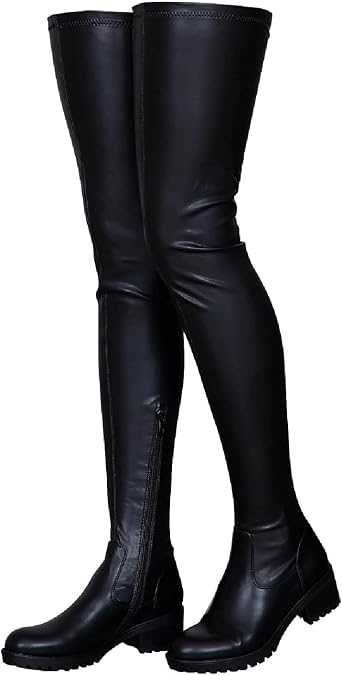 Women's Thigh High Boots Round Toe Low Chunky Heel Side Zipper
