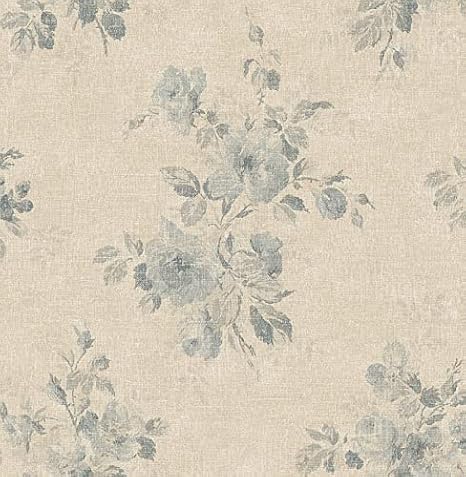 Wallquest Wallpaper Designer Faded Blue Gray Floral Taupe Faux Linen