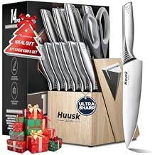 Huusk Knife Set with Block and Sharpener, 14 Pcs Japanese Stainless Steel Kitchen Knife Sets Dishwasher Safe, Sharp Silver Professional Knives Set with Box for Kitchen, Gifts for Men Women
