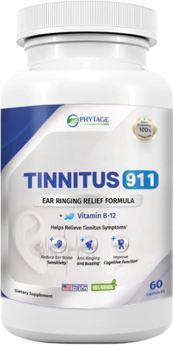 Phytage Labs Advanced Ear Ringing Relief Supplement Daily Auditory Support Formula with Vitamin B12, Hawthorn Berry, Olive Leaf & Green Tea Extract 60 Capsules