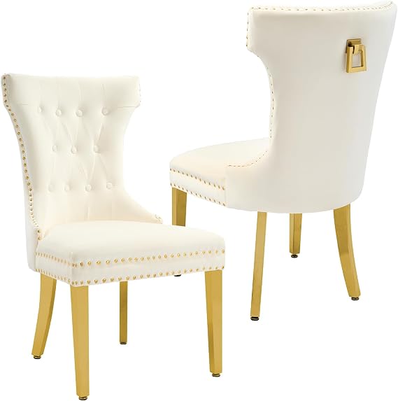 Velvet Dining Chairs Set of 2, Upholstered Dining Room Chair with Stainless Legs, Tufted Kitchen Chair with Button Back and Pull Ring, Beige