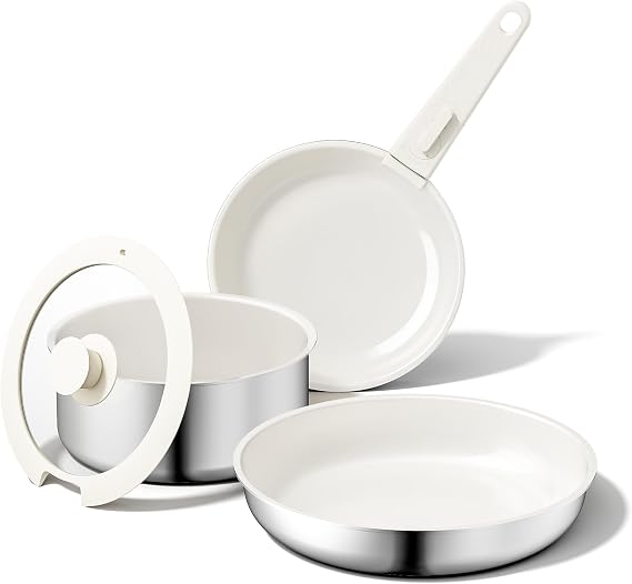 5-Teiliges Antihaft Keramik Pfannenset mit Abnehmbarem Griff 3-Schichtiger Edelstahl Topf Set-PTFE/PFAS/PFOA frei Töpfe Induktion Platzsparendes Kochgeschirr Backofen & Spülmaschinenfest