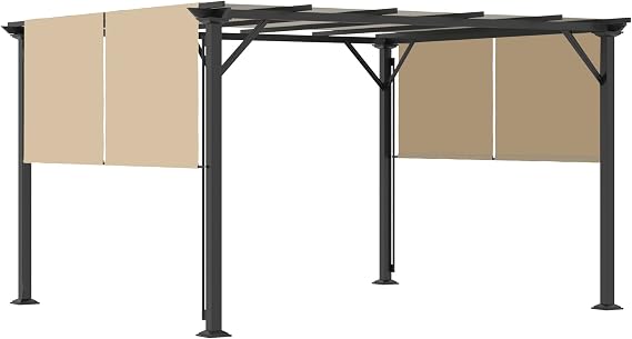 Outsunny 12' x 10' Outdoor Retractable Pergola Canopy with Sun Shade Beige | Unique Design Canopy, Patio Metal Shelter, Garden Porch Beach