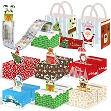 Lanstics Christmas Money Box for Cash Gift, 12PCS Money Dispenser and Money Pull Box Holder with Snowman Santa Card, 120 Transparent Bags, Bows for Fun Christmas Holiday Party (6 Styles)