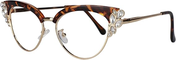 VOOGLAM Cat Eye Blue Light Blocking Glasses for Women with Crystal, Black Stylish Eyeglasse Anti UV Blue Light Eyestrain