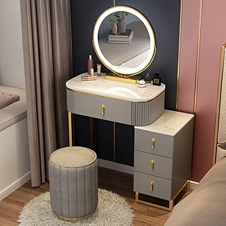 Dressing table,LED Makeup Vanity Set with 3 Color Lights, White & Gray Dressing Table with Stool, 4 Drawers, Cosmetic nizer for Bedroom & Dressing Room, 50cm