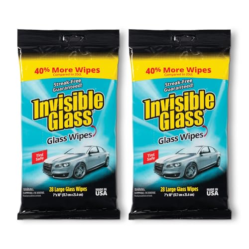 Invisible Glass 90161-2PK Large Glass Cleaning Wipes for Streak-Free Windows, Mirrors, and Glass, Lint-Free, Ammonia-Free, Tint-Safe, for Home and Auto, Flat Pack, 28 Count Pack of 2