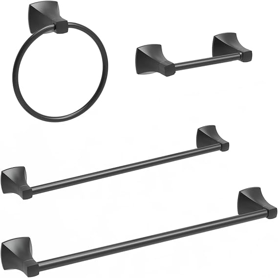 Matte Black 4 Pieces Bathroom Hardware Set, Includes Hand Towel Ring, 24" Hand Towel Bars, Toilet Paper Holder Wall Mounted Bathroom Accessories Kit, Stainless Steel and Zinc Alloy