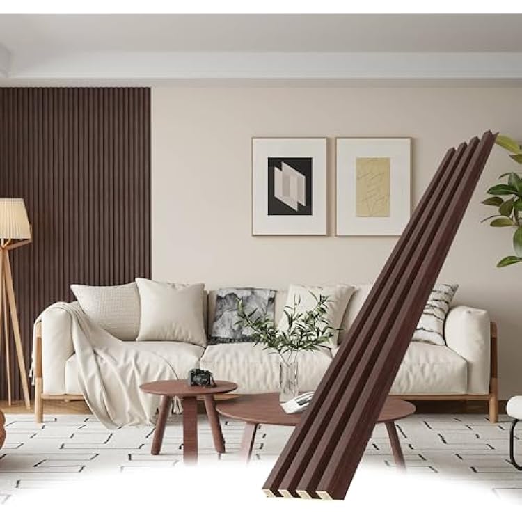POHARE WPC Slat Wall Panels, 8 Pack Accent Decorative Acoustic Wood Slats for Wall and Ceilings, Acoustic Panels for Interior Wall Modern Decor, Walnut, 95 x 6 in