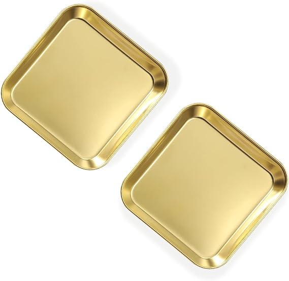 2 Pack Stainless Steel Dinner Plates, Thickened Metal Dish Plate for Food, Small Square Serving Tray for Appetizer Cookie Steak Dessert Salad Dental (Gold)